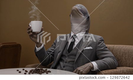 A man in a suit and tie is holding a coffee cup and wearing a dolphin mask 129872642