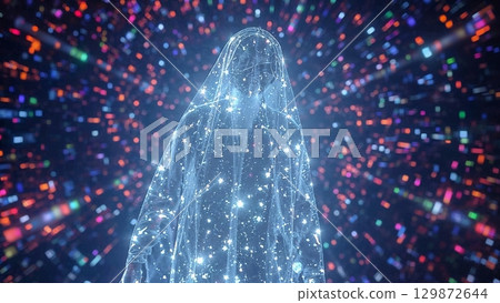 A woman in a white dress is surrounded by a glowing blue light A woman in a white dress is surrounded by a glowing blue light 129872644