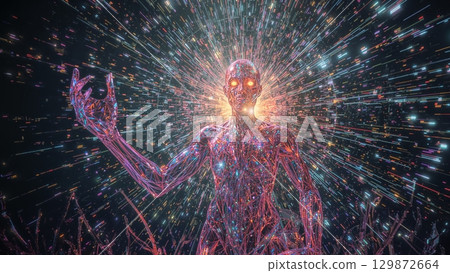 A man with glowing red skin stands in a field of glowing lights 129872664