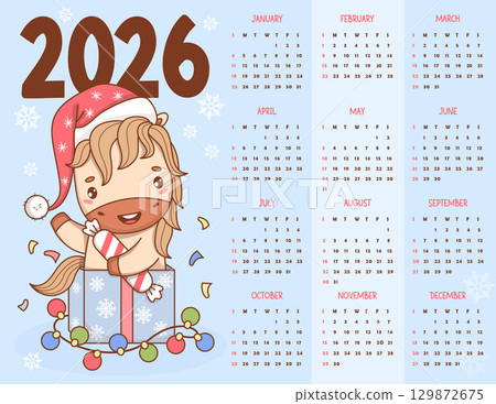 2026 annual calendar. Cute Christmas Horse in Santa hat with Candy, Garland in Gift Box. New Year Vector horizontal template 12 months in English. Week starts Sunday. Symbol Year in Eastern calendar 129872675