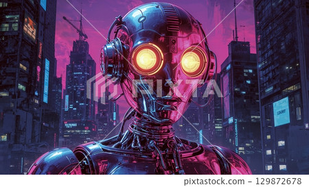 A robot with red eyes and a head with a microphone on it 129872678
