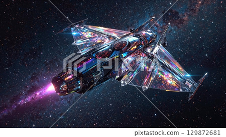 A colorful space ship is flying through the sky 129872681