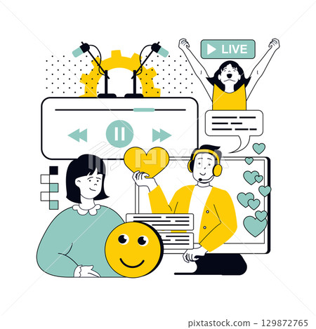 Video podcast concept for modern web design. People in headset with mic creating audio broadcasts and talk streaming in studio, listeners following podcast show in social media. Vector illustration. 129872765