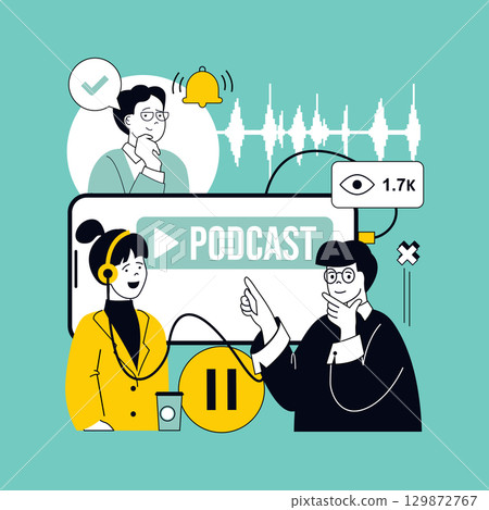 Video podcast concept for modern web design. People creating audio interviews, host and guest recording talk streaming online, listeners following speakers show in social media. Vector illustration. Video podcast concept for modern web design. People creating audio interviews, host and guest recording talk streaming online, listeners following speakers show in social media. Vector illustration. 129872767