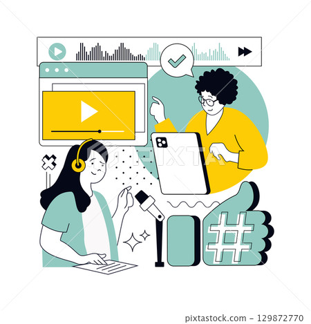 Video podcast concept for modern web design. People recording conversations with guests, creating audio interviews, doing blogging, making talk streaming at internet platform. Vector illustration. Video podcast concept for modern web design. People recording conversations with guests, creating audio interviews, doing blogging, making talk streaming at internet platform. Vector illustration. 129872770