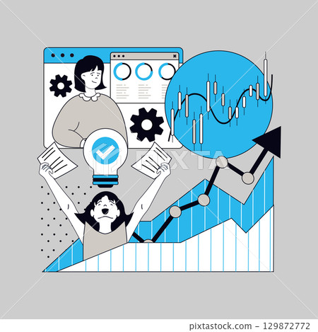 Statistics and analytics concept for modern web design. People analyzing financial data at arrow chart with progress trend, making reports and researching economic performances. Vector illustration. Statistics and analytics concept for modern web design. People analyzing financial data at arrow chart with progress trend, making reports and researching economic performances. Vector illustration. 129872772