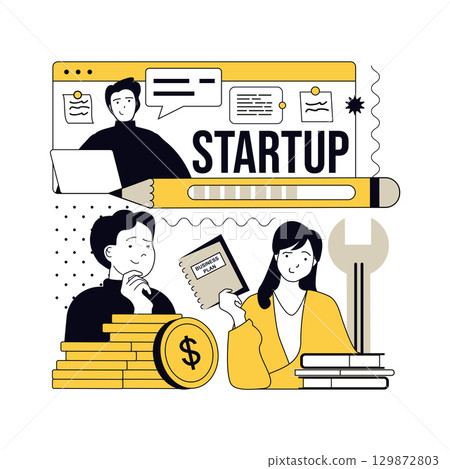 Startup concept for modern web design. People planning business and marketing strategy, setting goals, attracting investments, developing company in collaboration with colleagues. Vector illustration. 129872803