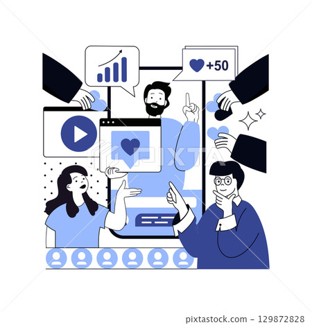 Social media influencer concept for modern web design. People analyzing blog statistic, creating new content with advertising posts, doing online promotion, attracting followers. Vector illustration. 129872828