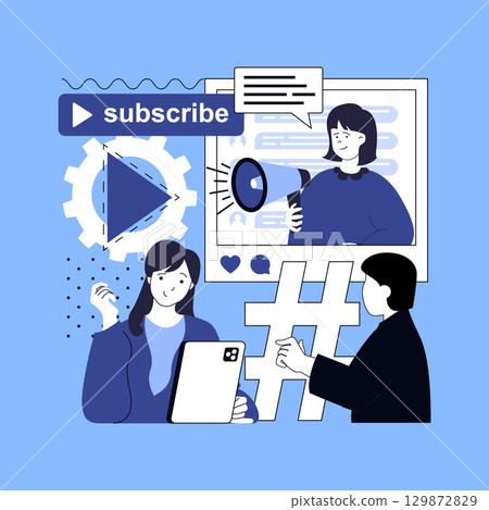 Social media influencer concept for modern web design. People creating new posts with photos and advertising campaign, doing online promotion, communicating with blog audience. Vector illustration. 129872829