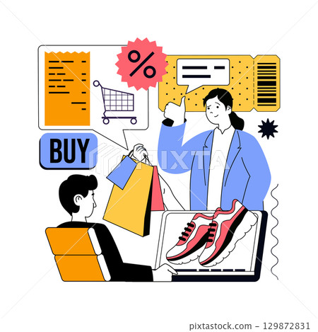 Shopping and Ecommerce concept for modern web design. People choosing new shoes in internet store assortment, finding discount prices with digital coupon and paying bill online. Vector illustration. 129872831