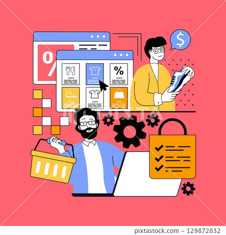 Shopping and Ecommerce concept for modern web design. People with wish list searching new clothes in internet store assortment, finding discount prices, buying at marketplaces. Vector illustration. 129872832