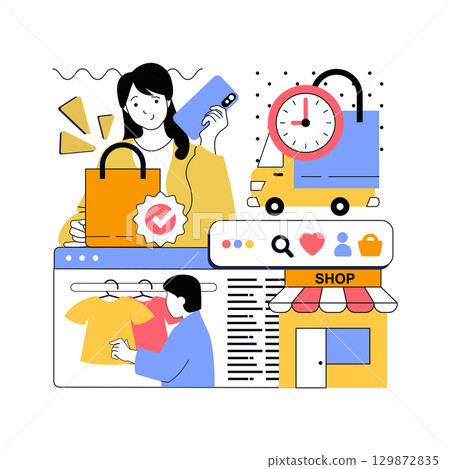 Shopping and Ecommerce concept for modern web design. People searching new clothes in internet boutique assortment, getting discounts and bonus offers, buying in online stores. Vector illustration. 129872835