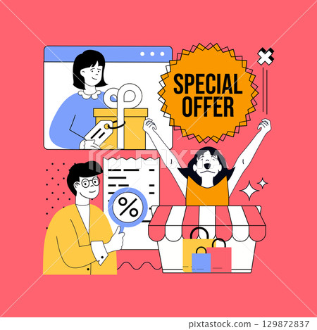 Shopping and Ecommerce concept for modern web design. People searching discounts and getting special bonus offers for buying in online stores and internet marketplaces at sales. Vector illustration. 129872837