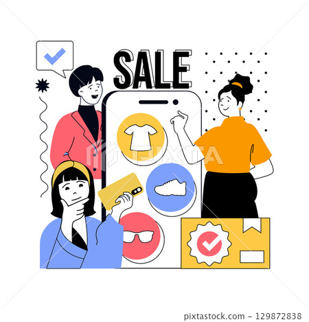 Shopping and Ecommerce concept for modern web design. People searching and buying in online stores and internet marketplaces, making purchases at sales, paying at mobile app. Vector illustration. 129872838