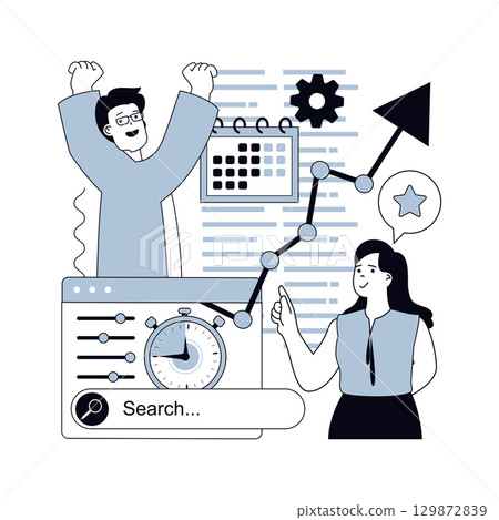 Seo optimization concept for modern web design. People working with online traffic data, selecting keywords and improving website metrics, getting arrow growth and speed increase. Vector illustration. 129872839