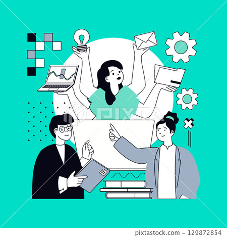 Project management concept for modern web design. People brainstorming and finding effective solutions, work communicating, creating strategy, development and achievement goals. Vector illustration. 129872854