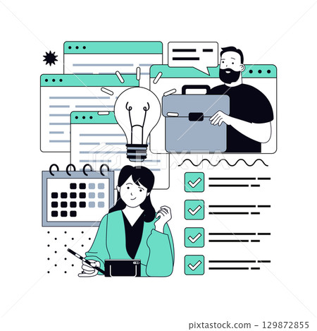Project management concept for modern web design. People marking tasks with checklist, brainstorming and analyzing new ideas, creating strategy, development and improvement. Vector illustration. 129872855