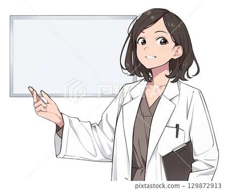 [AI-generated image] A woman in a white coat explaining something on a cartoon-style whiteboard 129872913