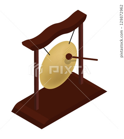 Isometric Japanese musical instrument metal copper gong suspended in an arch aerial view. Realistic 3D vector concept isolated on white background 129872962