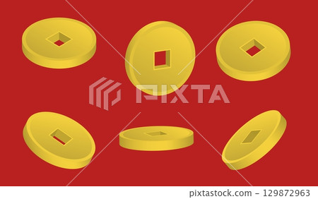Isometric set of Chinese traditional coins of ancient minting with a square hole in center aerial view. Realistic 3D vector concept isolated on red background 129872963