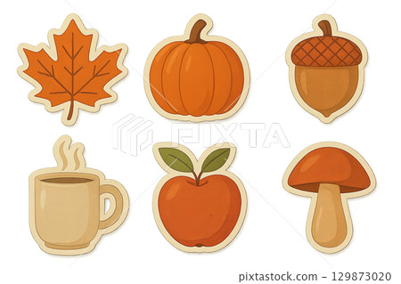 Isolated autumn icon set with leaf, pumpkin, acorn, coffee, apple, mushroom 129873020
