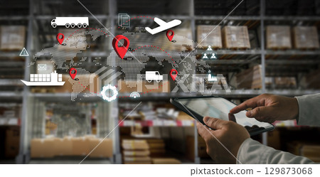 IoT smart logistics concept with a person using  129873068