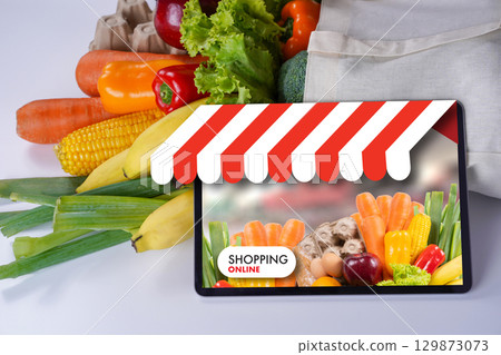 Online grocery shopping concept showing fresh  129873073