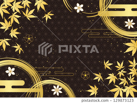 Autumn leaves and Japanese pattern gold leaf background Autumn leaves and Japanese pattern gold leaf background 129873123
