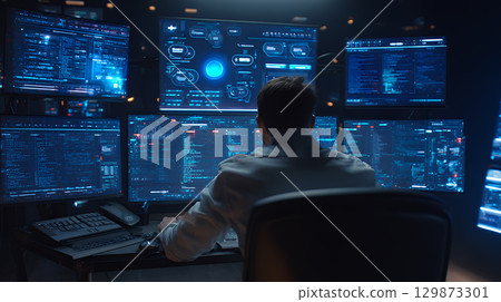 young asian man working in the stock market 129873301