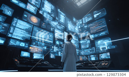 composite image of rear view of businessman looking at the screen 129873304