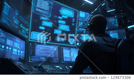 rear view of a young man sitting in front of the back and looking at the computer screen 129873306