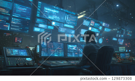 young man watching tv in the night club 129873308