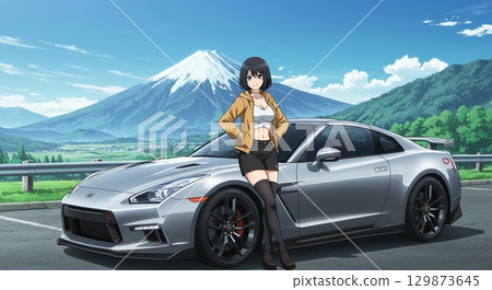 The ultimate adventure! Illustration of a woman standing next to her beloved car The ultimate adventure! Illustration of a woman standing next to her beloved car 129873645