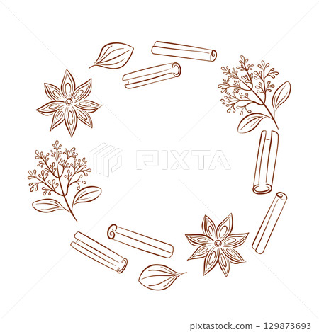 Cinnamon stick, star anise, leaves and flower arranged in a decorative circular frame in line art style. Perfect for spice packaging, kitchen background or organic food themed design. Cinnamon stick, star anise, leaves and flower arranged in a decorative circular frame in line art style. Perfect for spice packaging, kitchen background or organic food themed design. 129873693