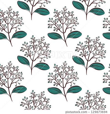 Seamless pattern with cinnamon flower branch drawn in flat style on white background. Perfect for botanical, bed linen and package design. 129873694