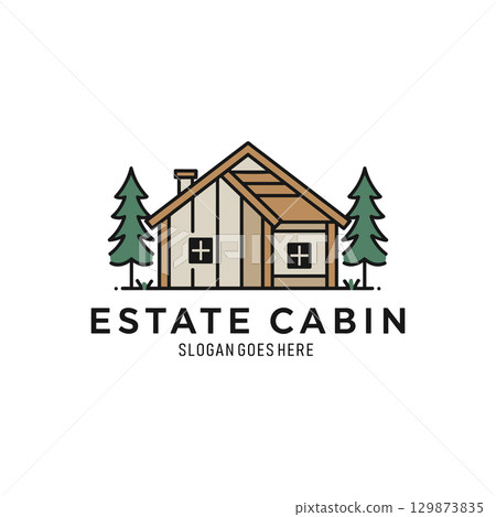 Estate Cabin Logo Line Art Vector Illustration, House Cottage Concept on white background Estate Cabin Logo Line Art Vector Illustration, House Cottage Concept on white background 129873835