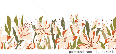 Abstract floral art vector background. Seamless banner with white hand drawn lily. Summer meadow poster. 129873961