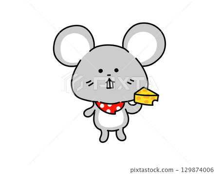 A mouse wearing a scarf and facing forward, holding a piece of cheese 129874006