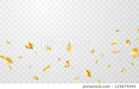 Golden petals falling on abstract floral background with beautiful petal pattern on greeting card. Vector illustration. 129874040