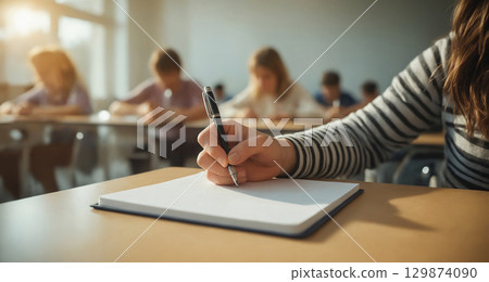 student writing in class at school. sunny classroom setting 129874090