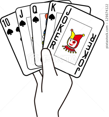 Hand with glove holding playing cards: Spades 129874122