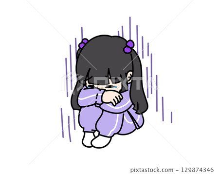 一名身穿運動衫的女孩因焦慮而情緒低落，抱住膝蓋 129874346