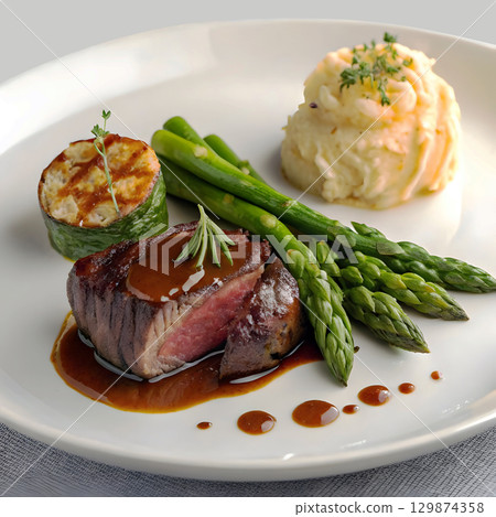 Grilled Steak with Asparagus and Mashed Potatoes on Elegant White Plate 129874358