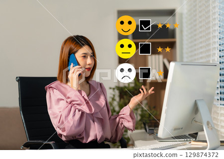 Happy Client customer experience concept. Woman recording phone inquiry with checkboxes, smiling face rating excellent for satisfaction survey. 129874372
