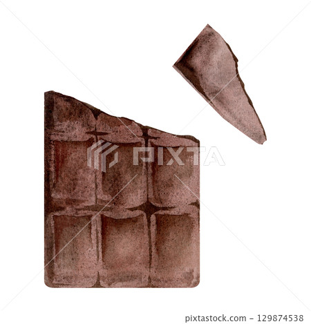 Unwrapped dark or milk chocolate bar with square segments, broken piece. Isolated illustration hand drawn in watercolor. Sweet branding, dessert pairing design, recipe card ingredient, cocoa products. 129874538