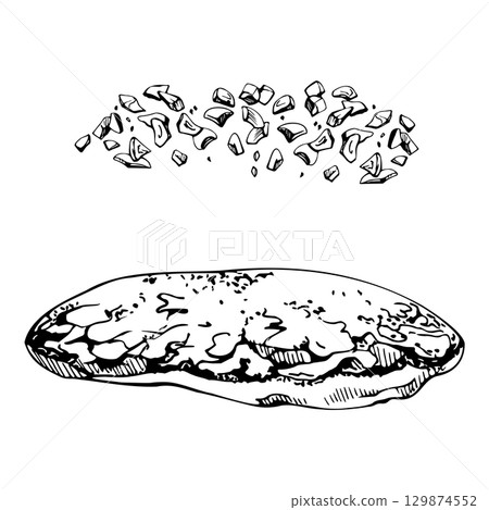 Fluffy pancake or flapjack with crushed nuts, chocolate cocoa chips topping. Isolated food element hand drawn in vector ink. Recipe illustration, product tags, kitchen decor, baking event templates. Fluffy pancake or flapjack with crushed nuts, chocolate cocoa chips topping. Isolated food element hand drawn in vector ink. Recipe illustration, product tags, kitchen decor, baking event templates. 129874552