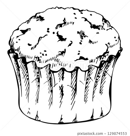 Home-baked muffin hand drawn in vector ink. Puffy cupcake, brownie sponge cake biscuit pastry, sweet petit four base. Isolated illustration for breakfast prints, organic packaging, editorial layouts. 129874553