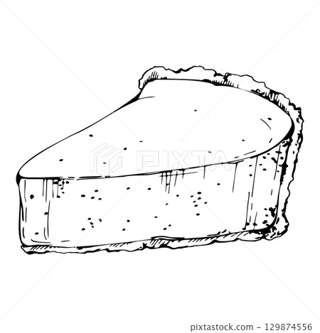 Souffle torte portion, cheesecake slice, sponge cake or tart base in vector ink. Hand drawn isolated clipart illustration. Dessert packaging, brunch menu visuals, gourmet cookbooks, food blog labels. 129874556