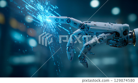 robot hand with futuristic dark background 129874580