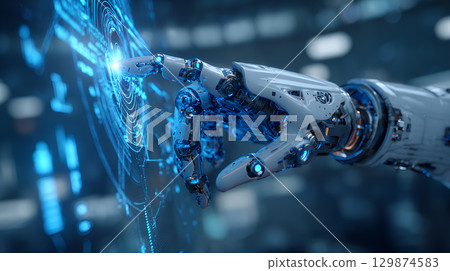 robot working with futuristic network robot working with futuristic network 129874583